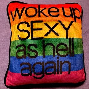 mommani threads rainbow velvet “WOKE UP SEXY AS HELL AGAIN” 10” square pillow